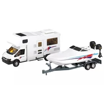 Játék lakóautó műanyag felépítménnyel és fém vezetőfülkével. Mérete kb. 17 cm.