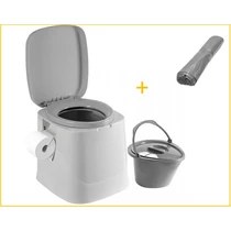 Vödrös toalett, színe szürke. A kivehető fedeles vödör űrmérete kb. 7 liter.