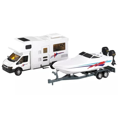 Játék lakóautó műanyag felépítménnyel és fém vezetőfülkével. Mérete kb. 17 cm.