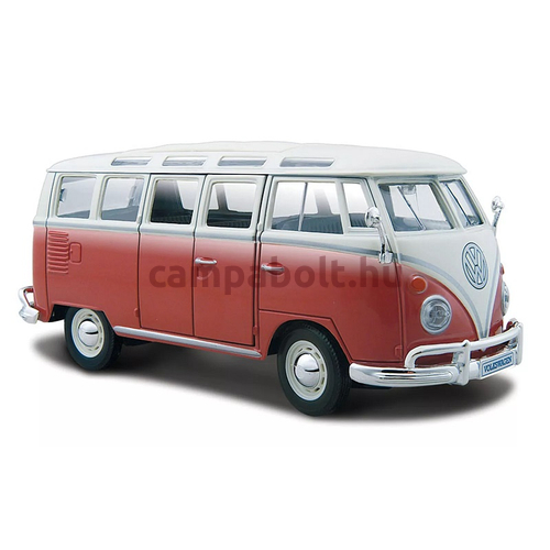 Volkswagen T1 Samba Bus játékautó gyönyörű piros-fehér színben. Méretarány 1:25.