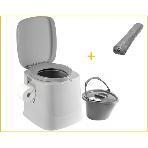 Vödrös toalett, színe szürke. A kivehető fedeles vödör űrmérete kb. 7 liter.